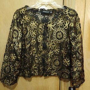 NWT Nina Leonard Evening Jacket Womens XL Black Mesh Gold Embroidery Flowers